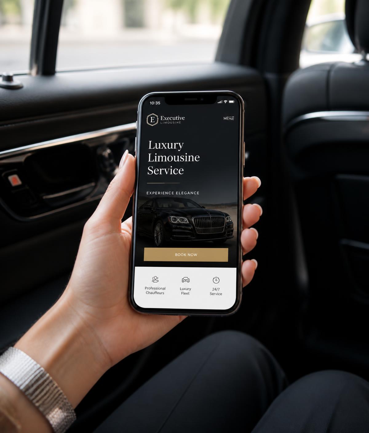 Client booking a limousine on her phone from the back seat of a black car